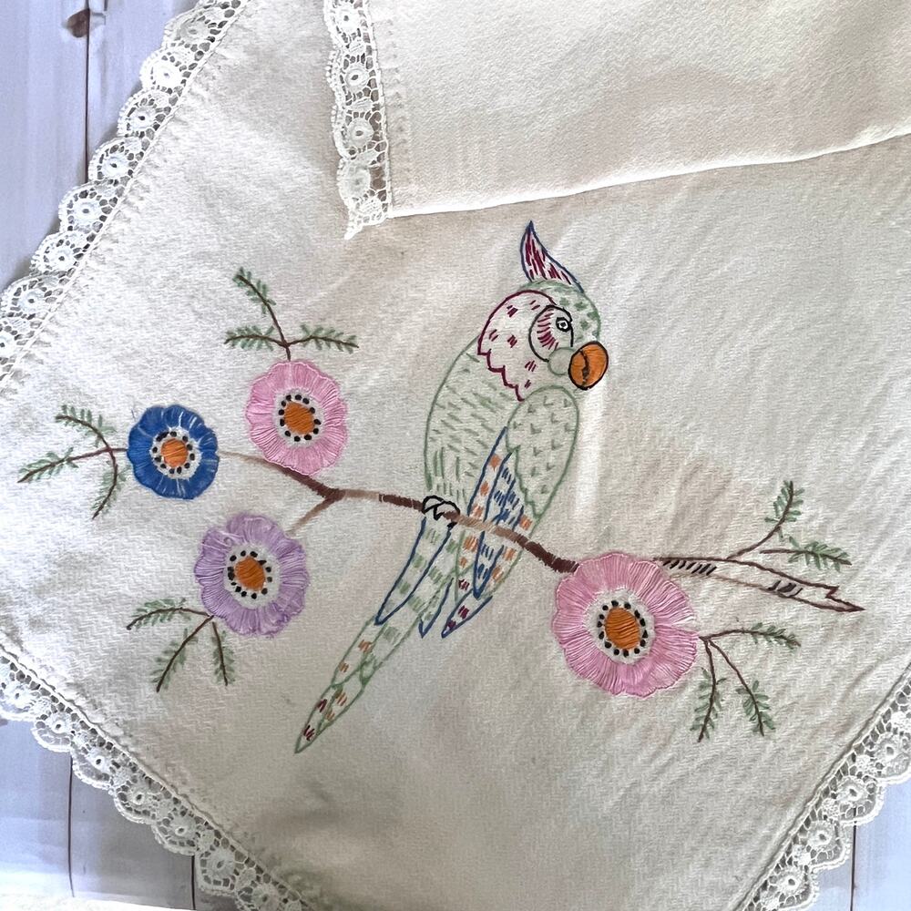 Vintage Embroidered Table Runner Vanity / Dresser Scarf Parrot Floral Lace Trim